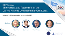 Eventposter for 17 january 2022 with text: The current and future role of the United Nations Command in South Korea organised by the Institute for Security and Development Policy