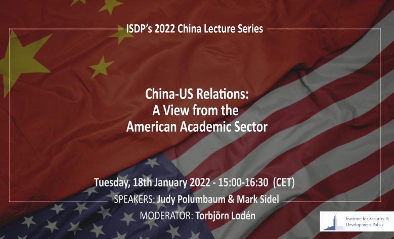 Poster ISDP 2020 China Lectures: Text US-China Relations: A View from the Academic Sector, speakers Judy Polumbaum and Mark Sidel