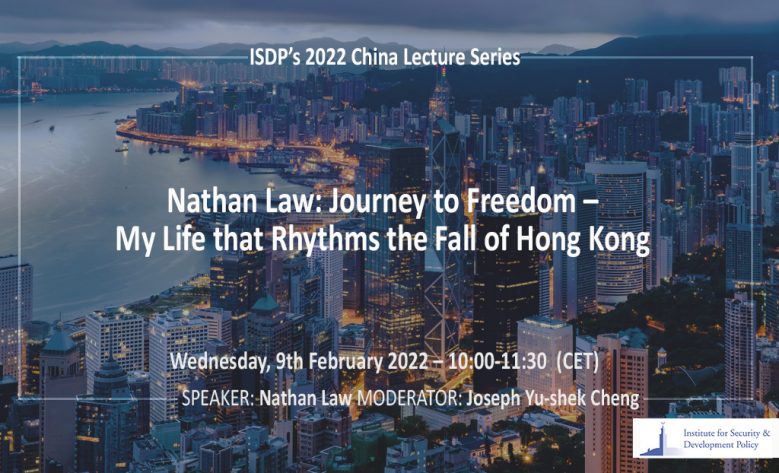 Poster lecture with Nathan Law at ISDP, Hong Kong in the night as background