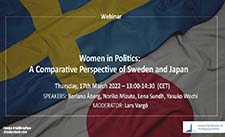 Eventposter women in politics with the Swedish and Japanese flags in the background