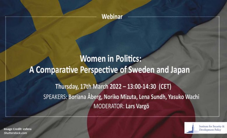 Eventposter women in politics with the Swedish and Japanese flags in the background