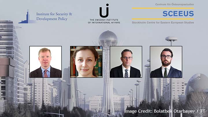 Eventposter with logos from Institute for Security and Development Policy, Ui and SCEEUS and pictures of the speakers Svante E. Cornell, Erika Holmquist, Jakob Hedenskog, Hugo von Essen